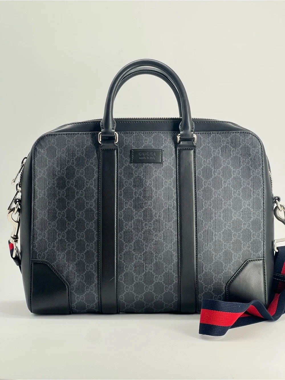 Gucci GG Supreme Black Briefcase with Crossbody Shoulder Strap